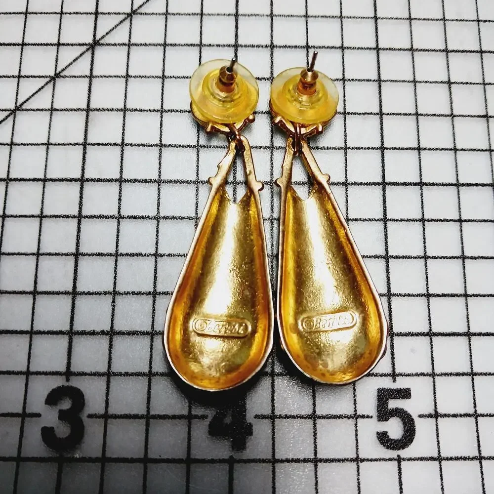 Earrings Pierced VTG Edgar Berebi Dangle Cream Enamel Teardrop Gold Tone 80-90's